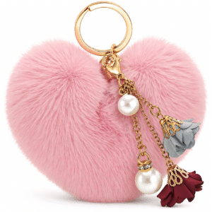 Luxurious Faux Fur Pom Pom Keychain Charm – Heart, Pearl & Roses for Fashion Lovers - Pink