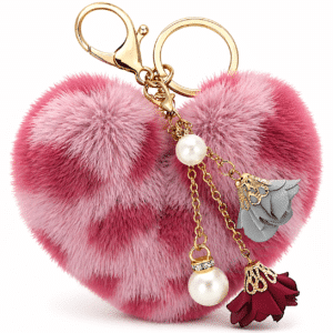 Elegant Faux Fur Pom Pom Keychain – Heart Charm with Pearls & Roses for Gifting - Rose Lepo