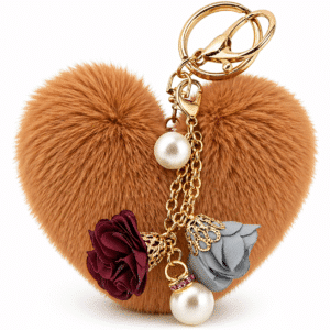 Luxury Fluffy Faux Fur Pom Pom Heart Keychain – Pearl & Roses Design - Brown