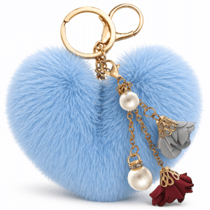 Romantic Faux Fur Pom Pom Keychain – Heart Pearl Roses Tassel Charm - Light Blue