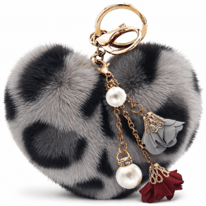 Charming Fluffy Faux Fur Pearl Roses Pom Pom Heart Keychain for Elegant Bags - Grey Lepo