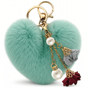 Fluffy Faux Fur Pom Pom Keychain Charm with Heart & Roses – Perfect for Gifts - Mint Green