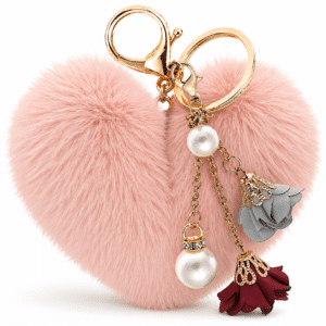 Fluffy Faux Fur Pom Pom Heart Keychain Charm – Pearl & Roses for a Luxe Touch - Baby Pink