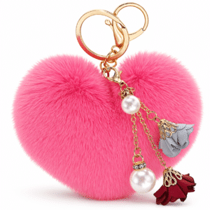 Fluffy Faux Fur Pom Pom Keychain – Heart, Pearl & Roses Charm - Hot Pink