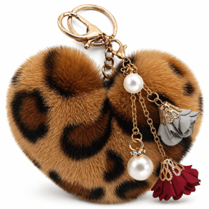 Fashionable Fluffy Faux Fur Pom Pom Keychain – Heart Pearl & Roses for Gifting - Brown Lepo