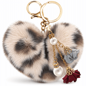 Fluffy Faux Fur Pom Pom Keychain with Heart, Pearl & Roses Charm – Custom Design - Cream Lepo