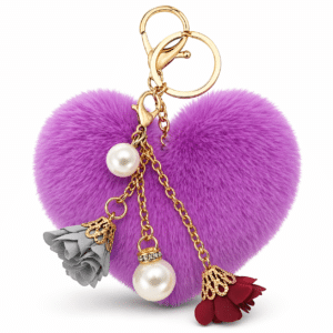 Fluffy Faux Fur Keychain – Heart, Pearl & Roses Pom Pom Charm for Personalized Gifts - Violet
