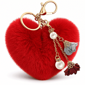 Fashion-Forward Faux Fur Pom Pom Keychain – Heart Charm with Pearl & Roses Detail - Red