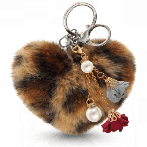 Chic Fluffy Faux Fur Pom Pom Keychain – Heart Pearl Roses Pendant for Her - Dark Brown Lepo