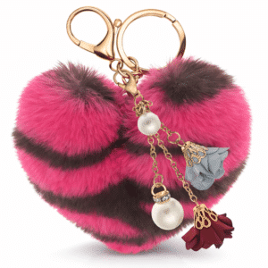Stylish Faux Fur Pom Pom Heart Keychain – Pearl & Roses Charm for Trendsetters - Hot Pink Lepo