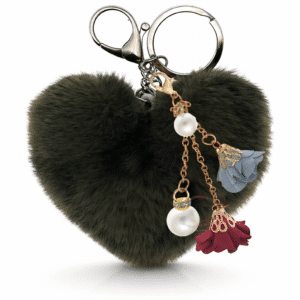 Elegant Faux Fur Pom Pom Keychain Charm with Heart, Pearl & Roses - Dark Green Lepo