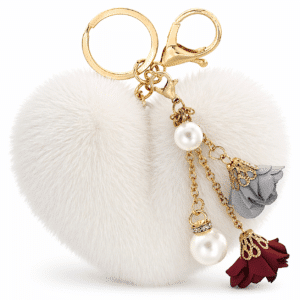 Fluffy Faux Fur Pom Pom Keychain – Custom Pearl Roses Heart Charm for Women - White