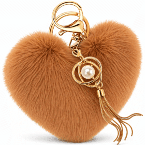 Stylish Pearl Tassel Pendant on a Fluffy Soft Faux Fur Pompom Heart Keychain - Brown