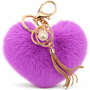 Chic Pearl Tassel Pendant Charm on a Soft Fluffy Faux Fur Pompom Heart Keychain - Violet