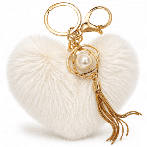 Premium Soft Faux Fur Pompom Heart Keychain with Chic Pearl Tassel Pendant Charm - White