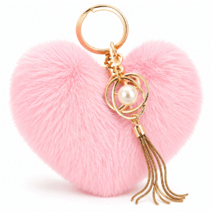 Trendy Faux Fur Pom Pom Keychain with Heart Pearl & Tassel Pendant - Pink