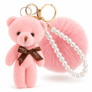 Adorable Fluffy Faux Fur Soft Pom Pom Teddy with Pearl Chain Keychain - Pink