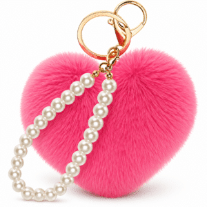 Fluffy Faux Fur Heart Keychain Charm with Elegant Pearls and Soft Pompom - Hot Pink