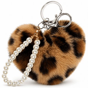 Soft Faux Fur Fluffy Heart Keychain with Elegant Pearls and Pompom Charm - Dark Brown Lepo