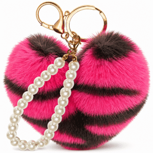 Stylish Faux Fur Pompom Heart Keychain with Fluffy Soft Pearls - Hot Pink Lepo
