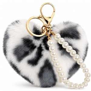 Luxurious Fluffy Faux Fur Heart Keychain with Soft Pompom and Sparkling Pearls - White Black Lepo