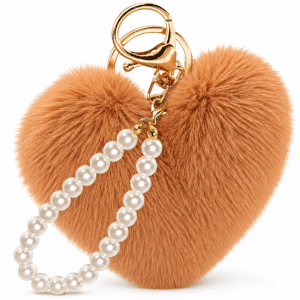 Cute Fluffy Faux Fur Soft Pompom Heart Keychain Charm with Elegant Pearls - Brown