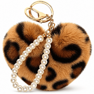 Trendy Fluffy Faux Fur Pompom Heart Keychain with Glamorous Pearls -  Brown Leopard Print