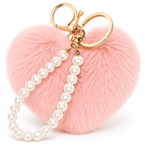Adorable Soft Faux Fur Pompom Heart Keychain with Gorgeous Pearls - Baby Pink