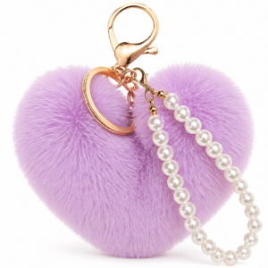 Elegant Faux Fur Fluffy Heart Keychain Charm with Soft Pompom and Pearls - Light Purple