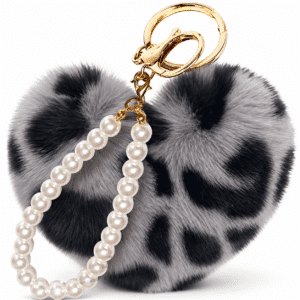 Trendy Fluffy Faux Fur Heart Keychain Charm with Adorable Pearls - Grey Lepo