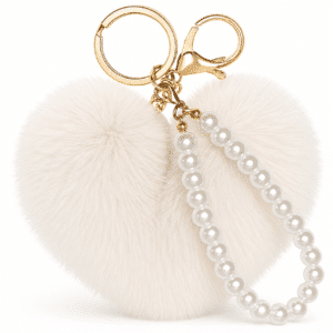 Delicate Faux Fur Soft Pompom Heart Keychain with Stylish Pearl Charm - White