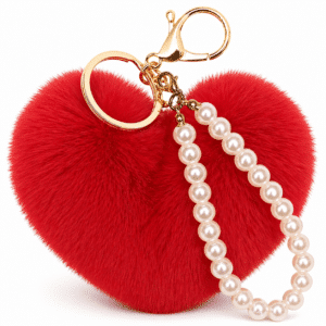 Fluffy Faux Fur Soft Pompom Heart Keychain with Charming Pearl Accent - Red