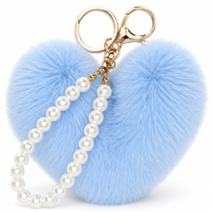 Glamorous Fluffy Faux Fur Heart Keychain with Soft Pompom and Elegant Pearls - Light Blue