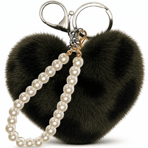 Fashionable Soft Faux Fur Pompom Heart Keychain with Lovely Pearl Charm - Dark Green Lepo