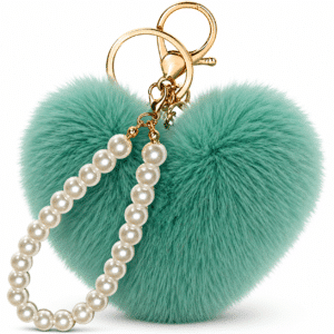 Premium Faux Fur Soft Pompom Heart Keychain with Shiny Pearl Accents - Mint Green