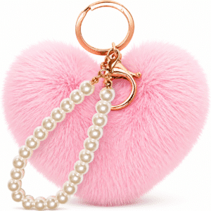 Chic Faux Fur Fluffy Heart Keychain Charm with Pearls and Soft Pompom - Pink