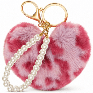 Adorable Faux Fur Soft Pompom Heart Keychain with Elegant Pearl Pendant - Rose Pink Lepo