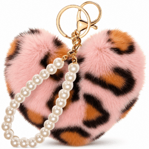 Charming Soft Faux Fur Pompom Heart Keychain with Luxurious Pearl Details - Pink Lepo