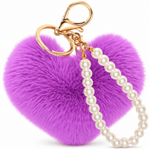 Cute Faux Fur Heart Keychain with Soft Pompom and Stunning Pearls - Violet