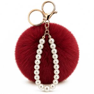 Adorable Faux Fur Pompom with Pearls Keychain Charm for Stylish Handbags - Wine Red