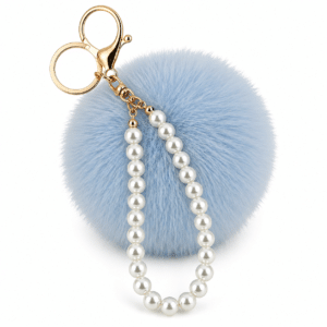 Elegant Faux Fur Pompom with Pearls Keychain Charm for Sophisticated Bags - Light Blue