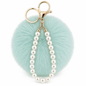 Glamorous Faux Fur Pompom Keychain with Pearls for Fashion-Forward Bags - Mint Green
