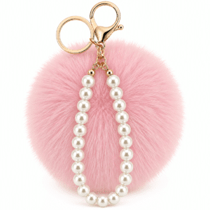 Luxe Faux Fur Pompom with Pearls Keychain Charm for Trendy Handbags - Pink