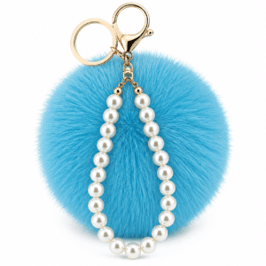 Stylish Faux Fur Pompom with Pearls Keychain Charm for Luxe Handbags - Peacock Blue