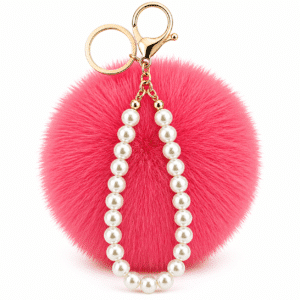 Fashionable Faux Fur Pompom with Pearls Keychain Charm for Chic Bags - Rose Color