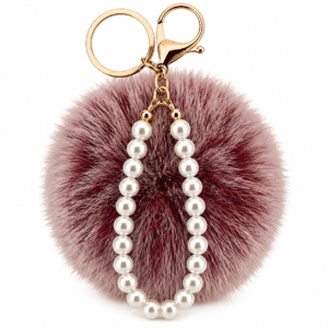 Luxurious Faux Fur Pompom with Pearls Keychain Charm for Chic Accessories - Frosted Red Color