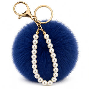 Glam Faux Fur Pompom with Pearls Keychain Charm for Luxury Accessories - Drak Blue