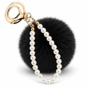 Cute Faux Fur Pompom with Pearls Keychain for Elegant Bag Accessories - Black Color