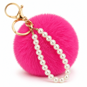 Trendy Faux Fur Pompom with Pearls Keychain Charm for Elegant Accessories - Hot Pink