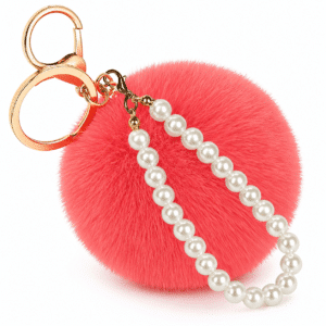 Delicate Faux Fur Pompom with Pearls Keychain Charm for Glamorous Bags - Coral Red